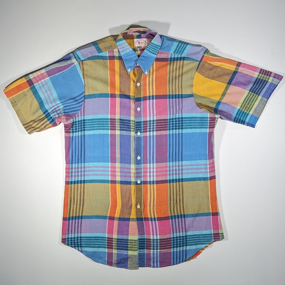 Vtg M.S. Mcclellan & Co Short Sleeve Dress Shirt Mens Size Large Pastel Plaid